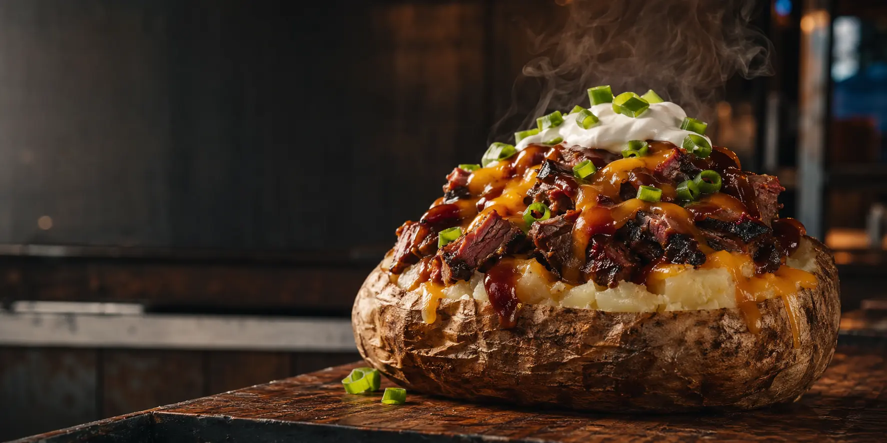 A Texas-sized baked potato loaded with smoked brisket and melted cheese